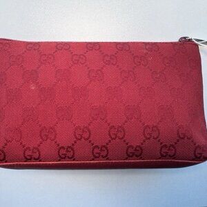 Gucci Guccissima Red Leather Pouch Bag, Silver Tone Zipper Top Cosmetic